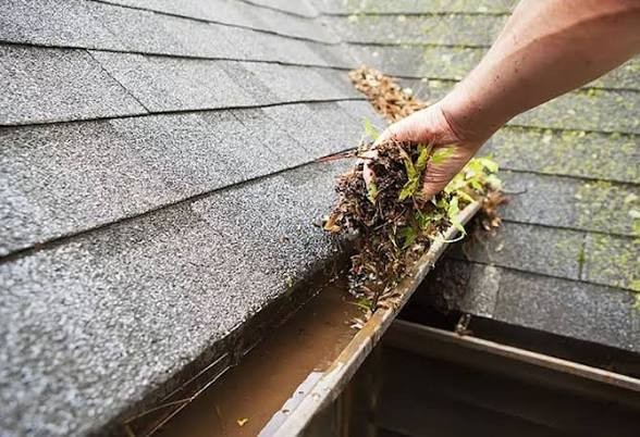 Hand clearing leaves and debris from a clogged roof gutter